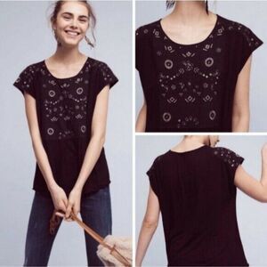 ANTHROPOLOGIE AKEMI + KIN ARCANA Black/Gold Embroidered Gathered Top Size Small